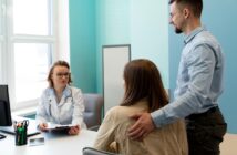 Médica atendendo casal em hospital de Moema