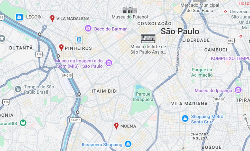 Mapa da Vila Madalena, Moema e Pinherios